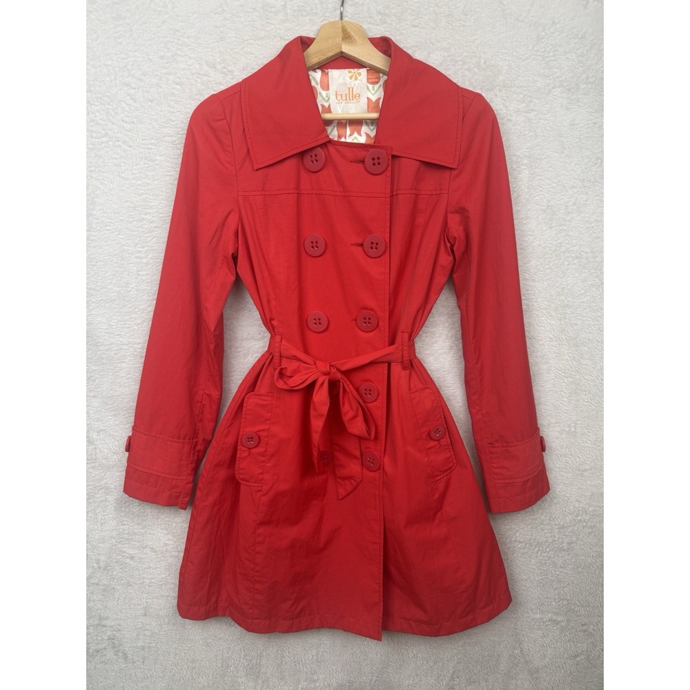 Anthropologie Tulle Red Lightweight Belted Trench Pea Coat Retro Pinup Mod Y2K S